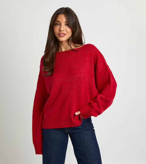 بوهو  سترات و كارديغانات - أحمر Round Neck Sweaters