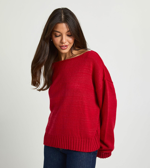 بوهو  سترات و كارديغانات - أحمر Round Neck Sweaters