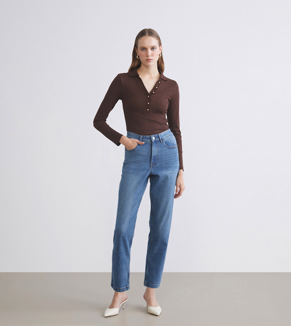 اٍل سي واي كيكي  جينز استايل موم - نيلي  Mom Jeans