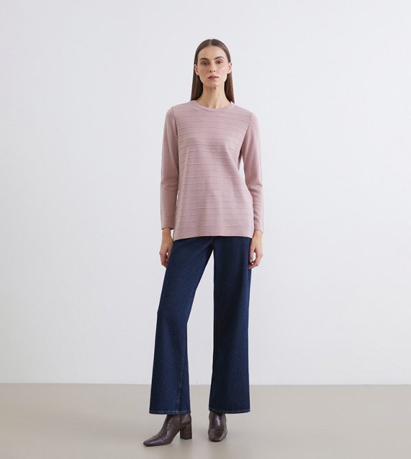 اٍل سي واي كيكي  سترات و كارديغانات - وردي Round Neck Sweaters