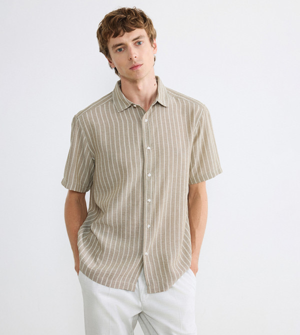 LC Waikiki striped-society-m - LIGHT KHAKI Short Sleeves