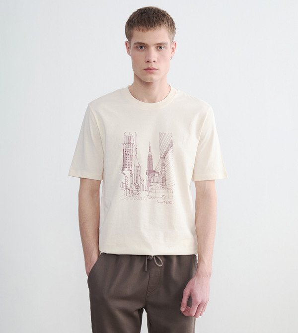 اٍل سي واي كيكي  تيشيرتات كاجوال - كريمي  Round Neck T-Shirts