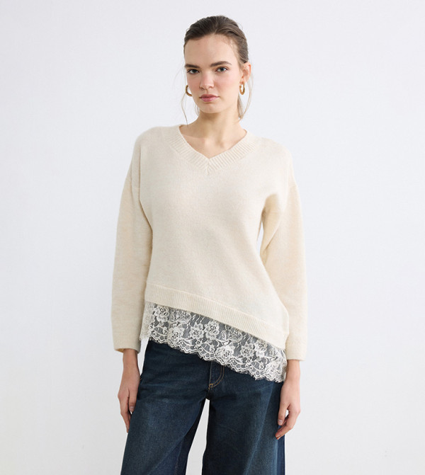 LC Waikiki  knit-notes - Cream V-neck Sweaters