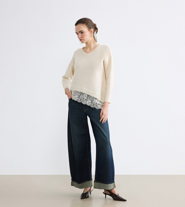 LC Waikiki  knit-notes - Cream V-neck Sweaters