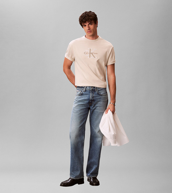 كالفن كلاين جينز  ملابس - بيج Round Neck T-Shirts
