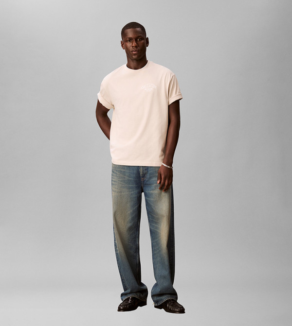 كالفن كلاين جينز  ملابس - بيج Round Neck T-Shirts