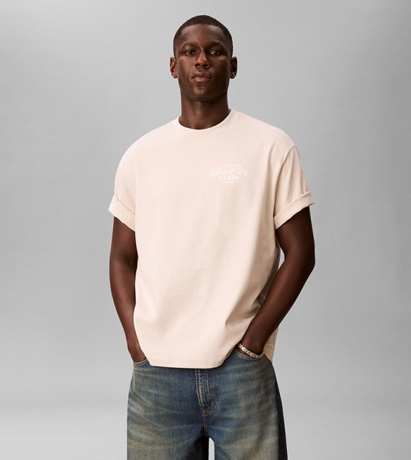 كالفن كلاين جينز  ملابس - بيج Round Neck T-Shirts