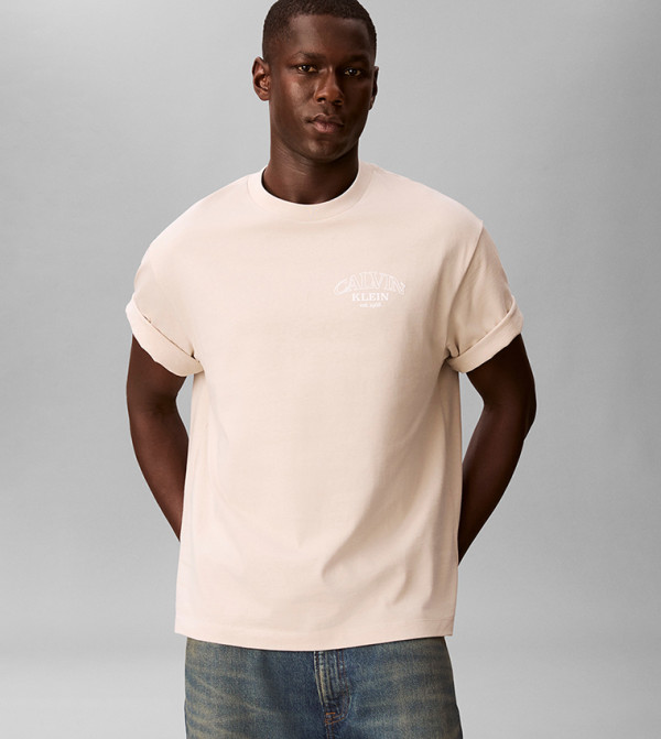 كالفن كلاين جينز  ملابس - بيج Round Neck T-Shirts