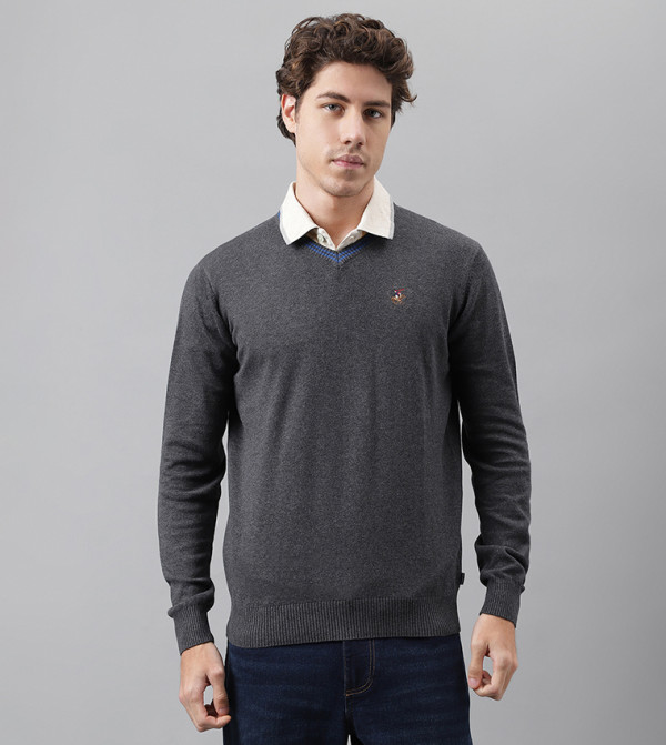 بيفرلي هيلز بولو كلوب  سترات بياقة V  - رمادي Sweater
