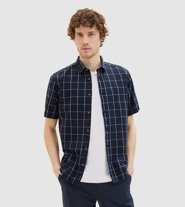 Tom Tailor  checkered-plaid-m - Navy Casual Shirts