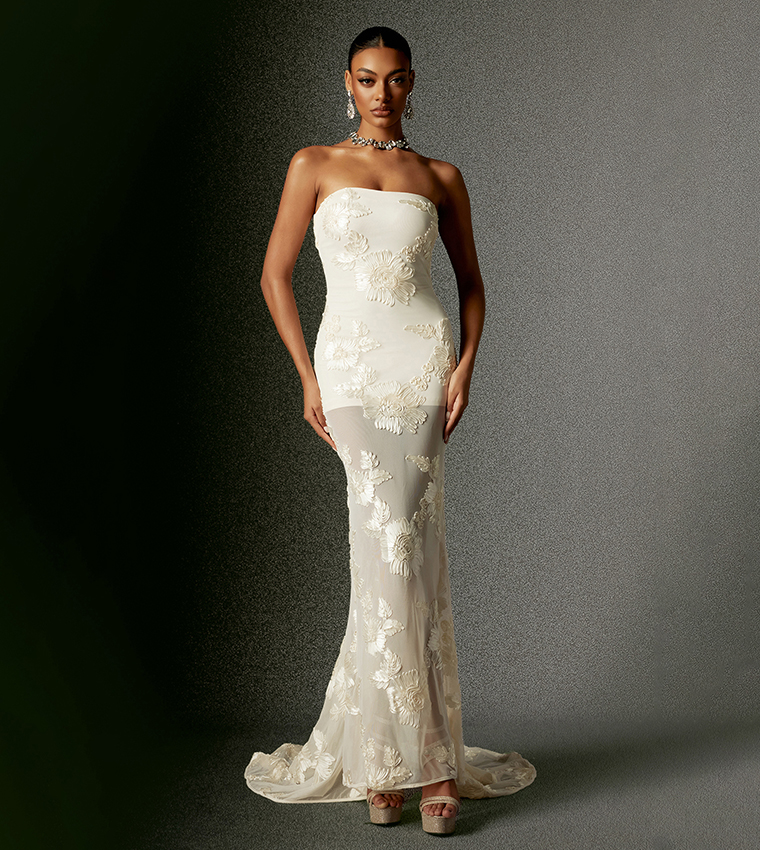 DELIYN Embroidered Strapless Flower Mesh Maxi Dress