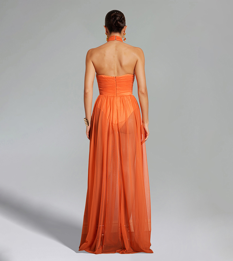 BB RIVKA Halterneck Twist Mesh Maxi Dress