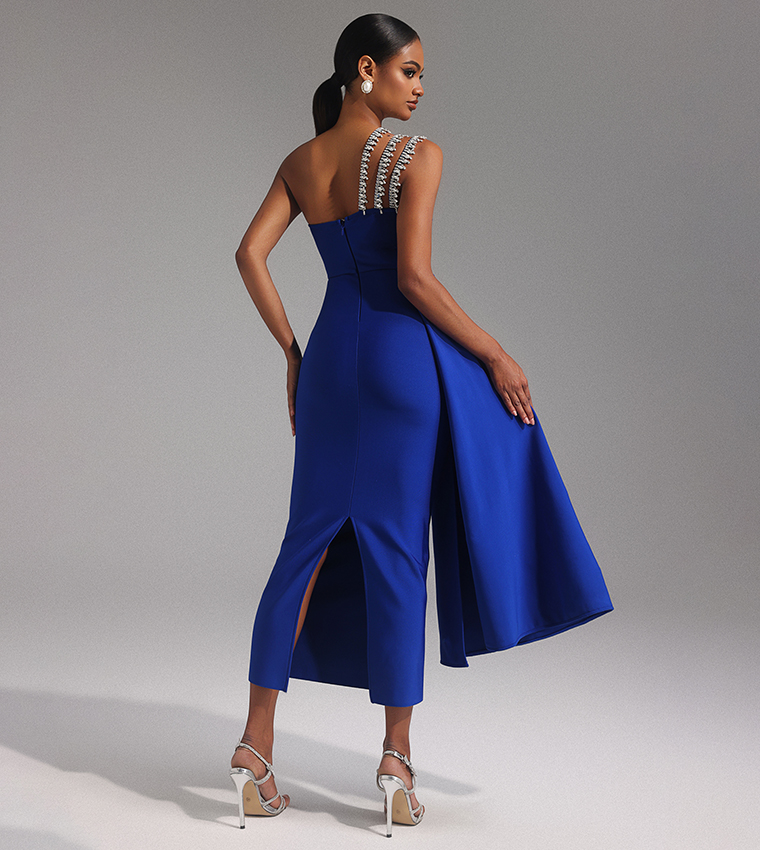 MARCELLA One Shoulder Diamond Bandage Midi Party Dress