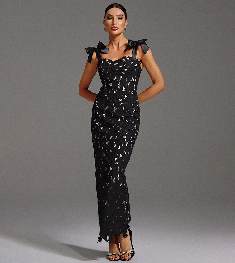 LUCRETIA Sleeveless Lace Bow Maxi Party Dress