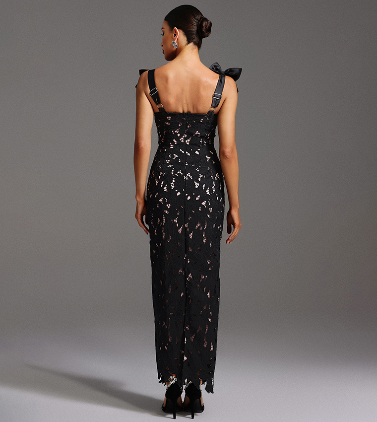 LUCRETIA Sleeveless Lace Bow Maxi Party Dress