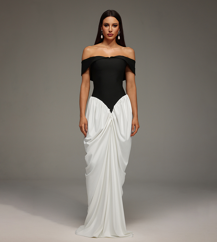 BB LEHA Off Shoulder Wrinkles Bandage Maxi Party Dress