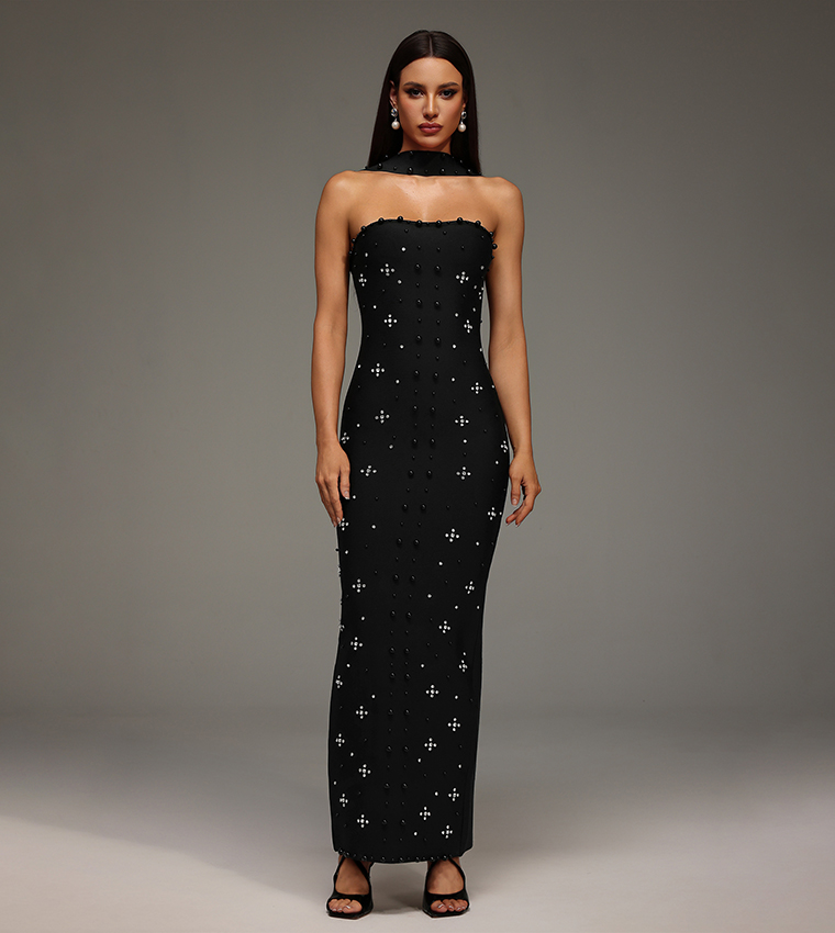 NESYA Sleeveless Pearl Bandage Maxi Party Dress