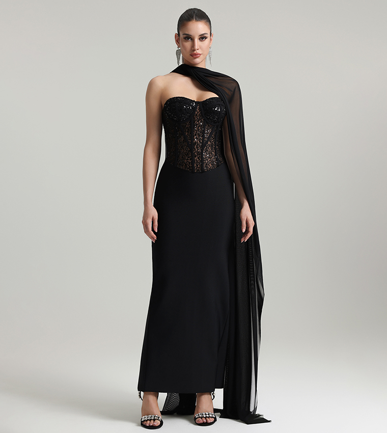 Buy Bella Barnett DODOU Sequined Strapless Cape Bandage Maxi Party Dress In  Black