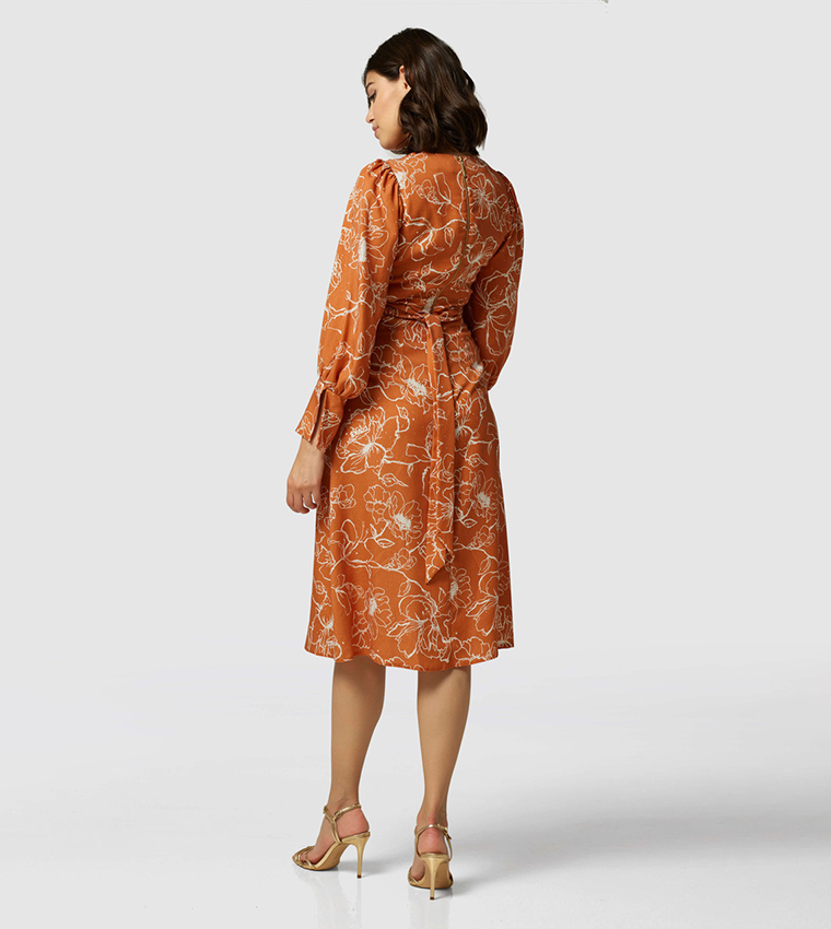 Printed Bishop Sleeves Midi Dress