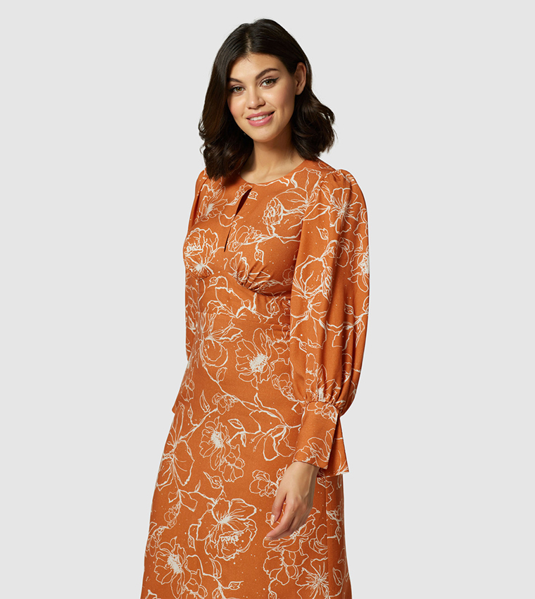 Printed Bishop Sleeves Midi Dress