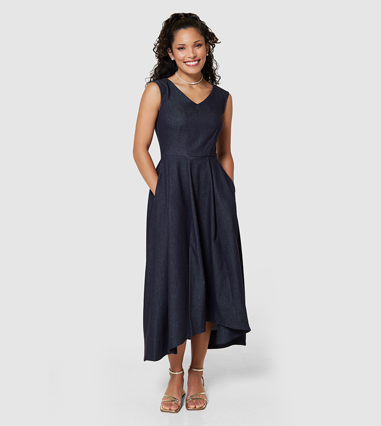 V-Neck Asymmetric Midaxi Dress with Side Pockets