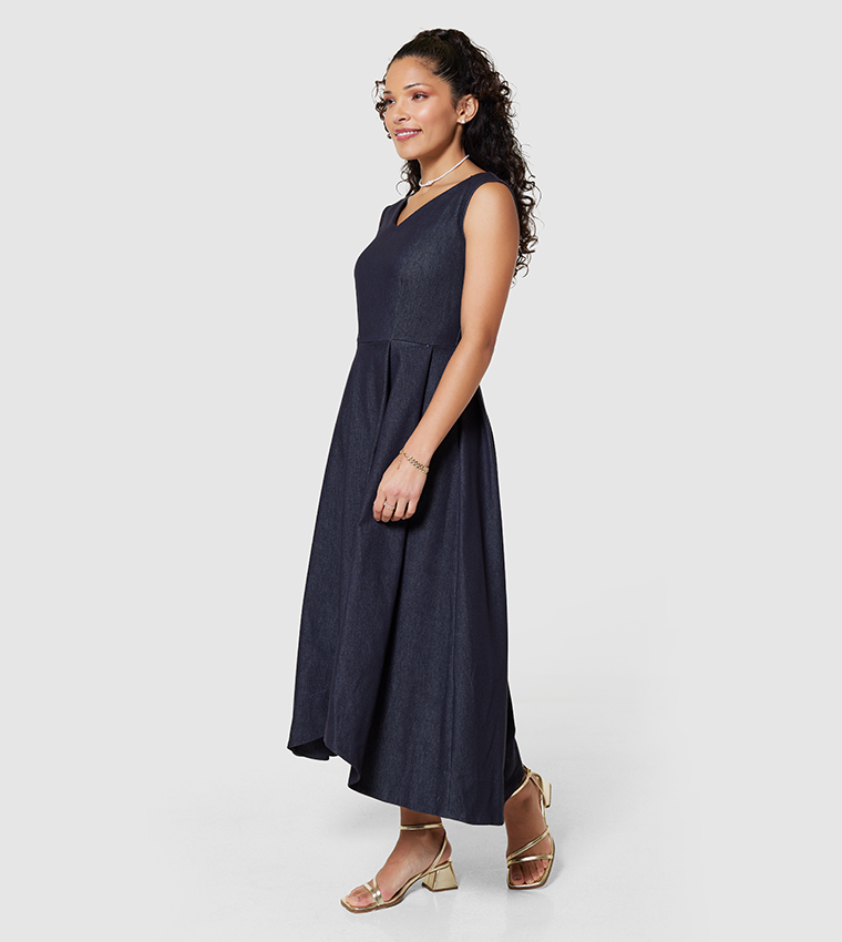 V-Neck Asymmetric Midaxi Dress with Side Pockets