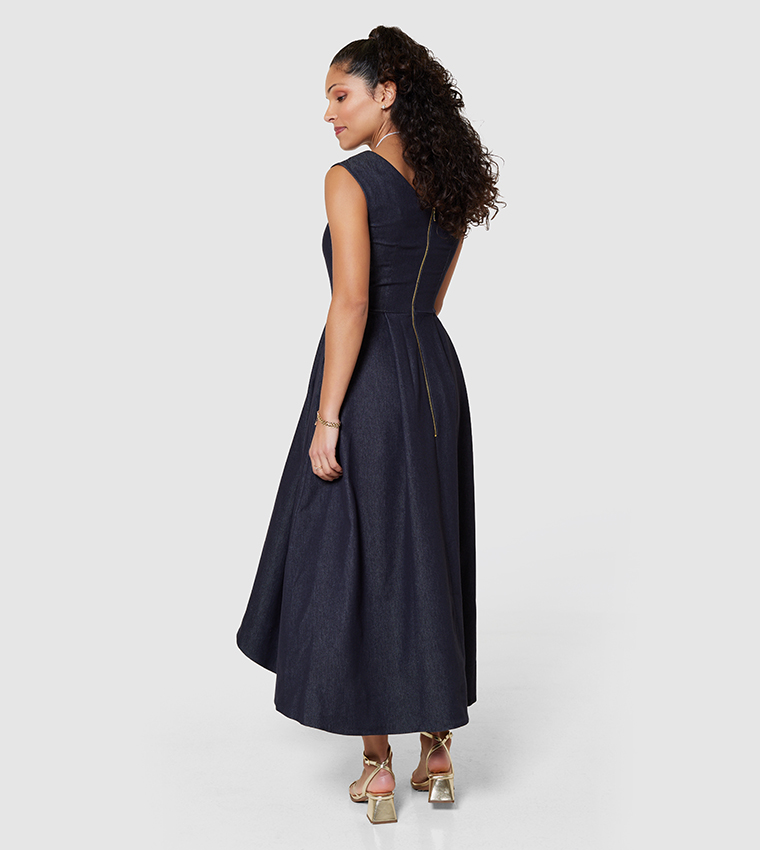 V-Neck Asymmetric Midaxi Dress with Side Pockets