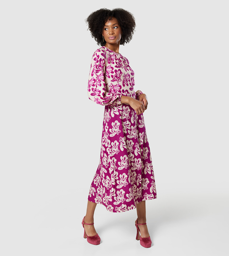Printed Gathered Neck A-Line Dress