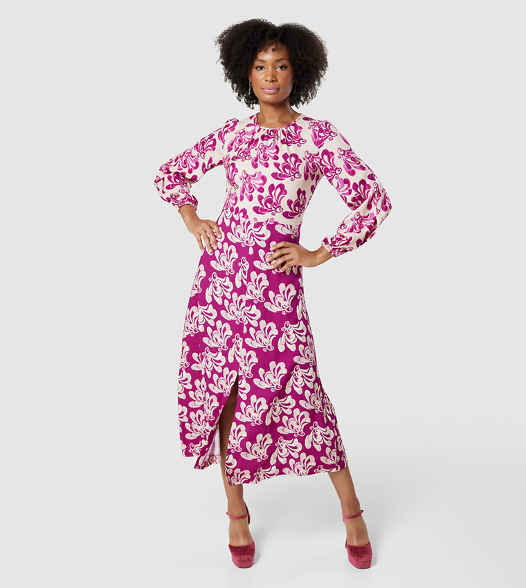 Printed Gathered Neck A-Line Dress