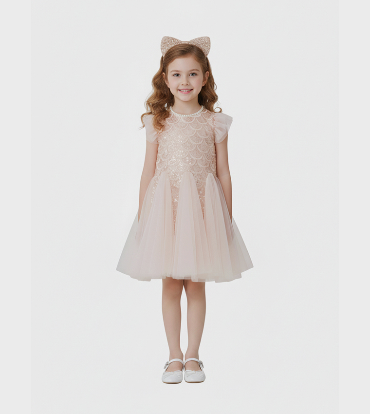 Sequined Flutter Sleeves Tulle Dress