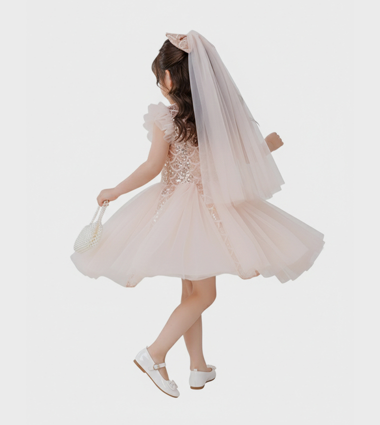 Sequined Flutter Sleeves Tulle Dress