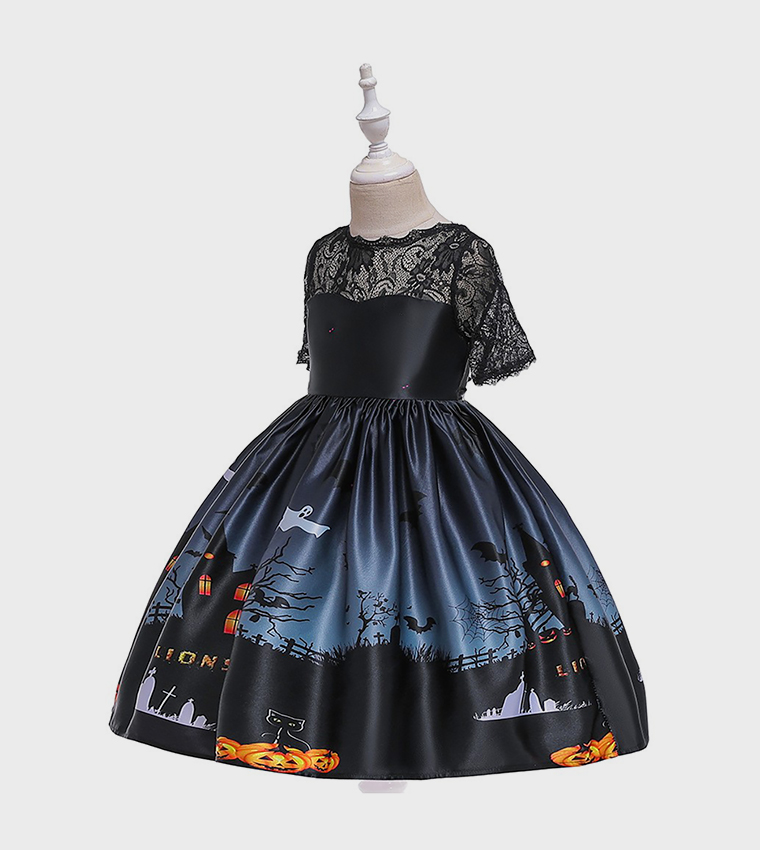 halloween fit and flare dress Girls Black Halloween Pumpkin Graphic Fit & Flare Dress – INCLUD main image 0