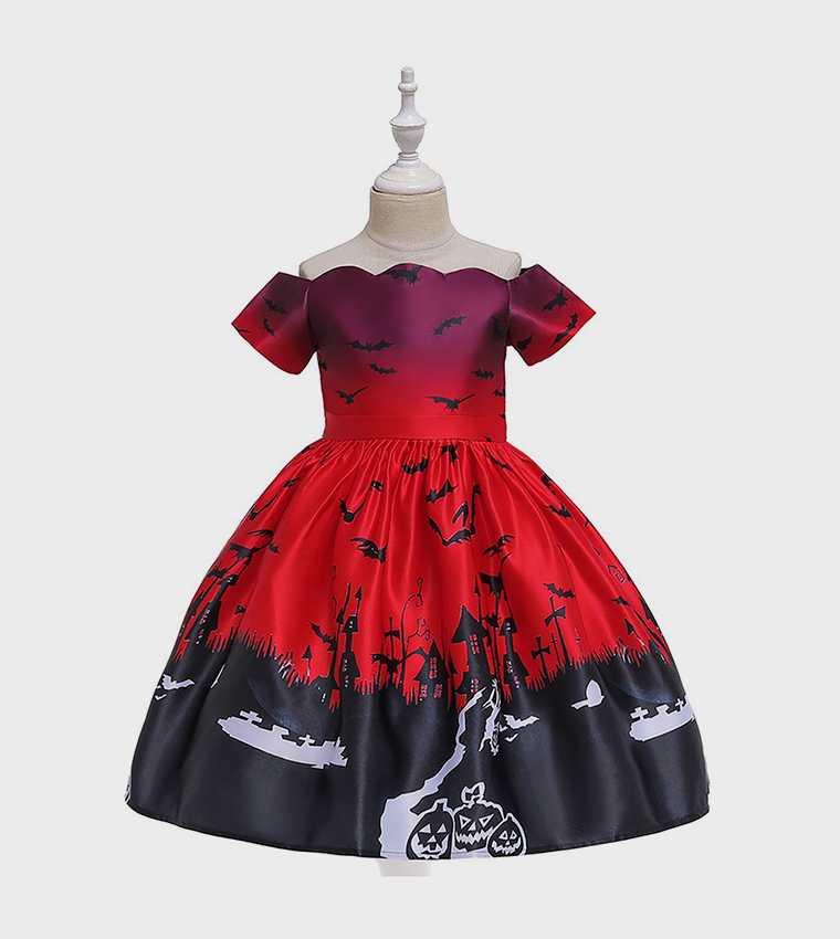 Buy Ddaniela Halloween Print Off Shoulder Fit & Flare Dress In Red |  6thstreet UAE