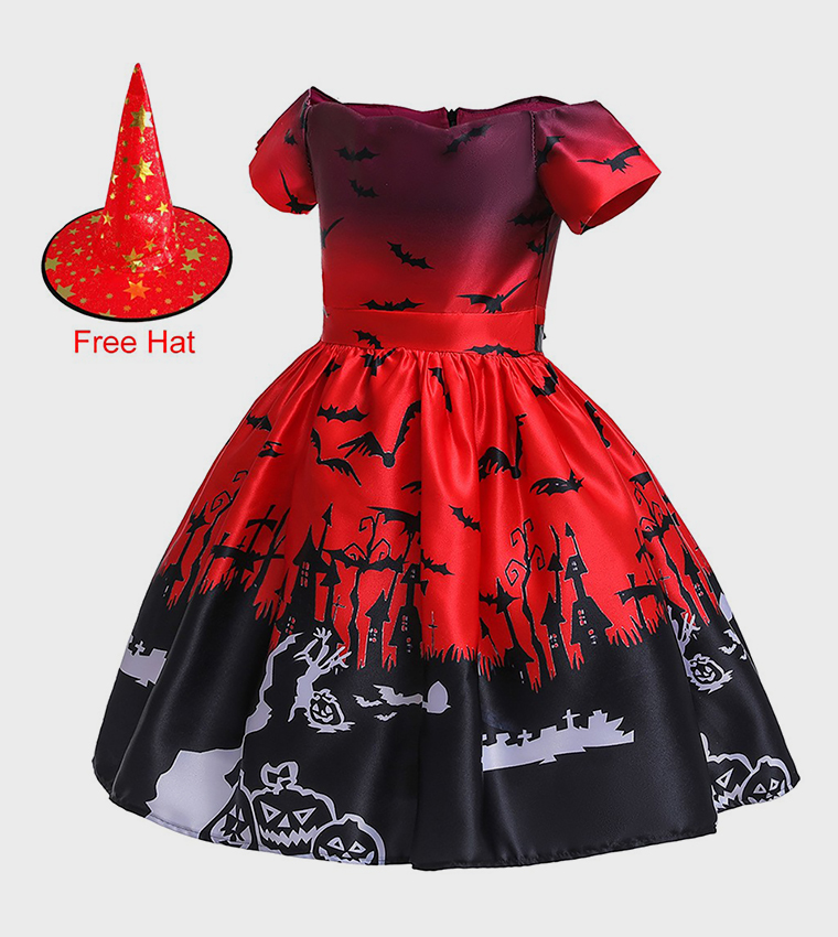 Buy Ddaniela Halloween Print Off Shoulder Fit & Flare Dress In Red |  6thstreet UAE
