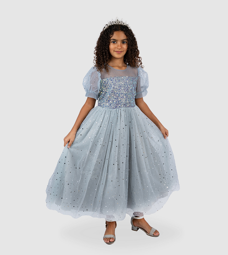 Sequin Puff Sleeves Party Gown
