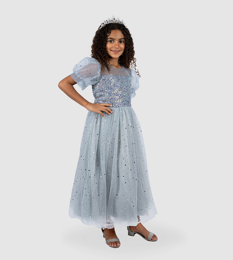 Sequin Puff Sleeves Party Gown