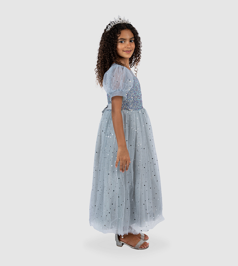 Sequin Puff Sleeves Party Gown