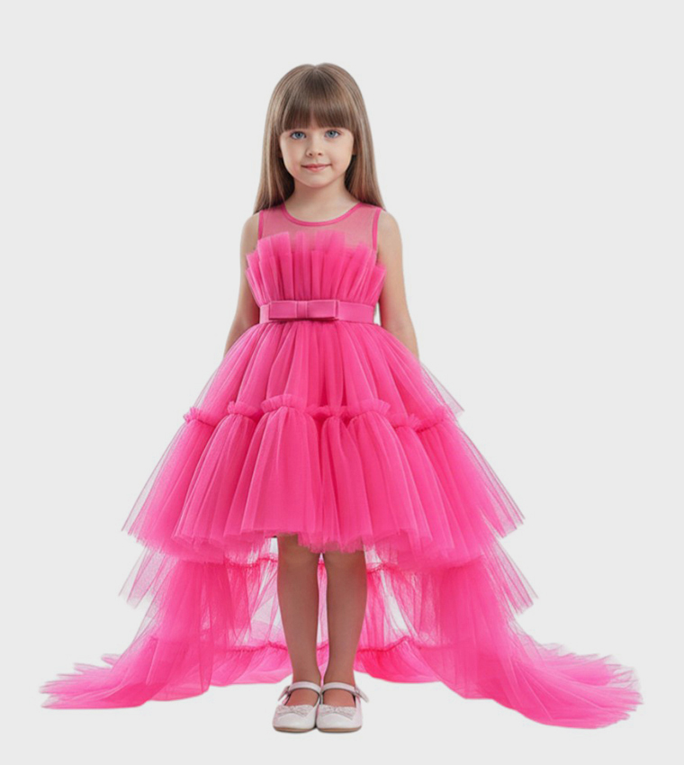 Bow Detail Ruffle Hem Mesh Dress