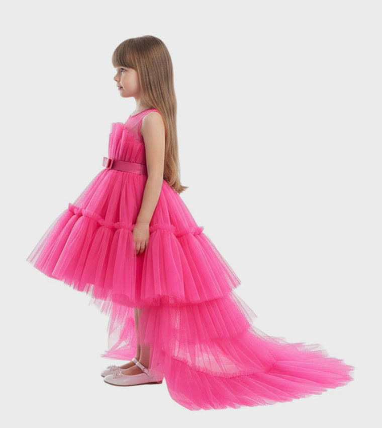 Bow Detail Ruffle Hem Mesh Dress