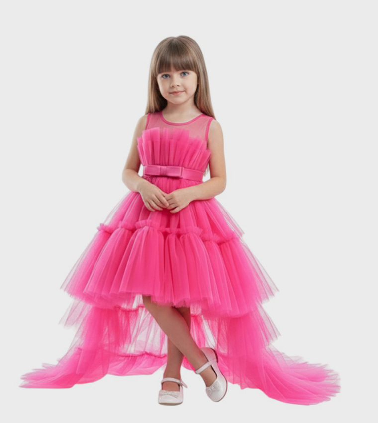 Bow Detail Ruffle Hem Mesh Dress