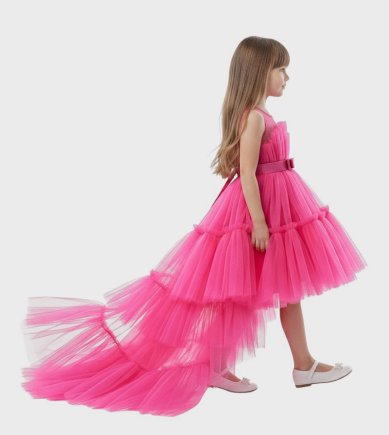 Bow Detail Ruffle Hem Mesh Dress