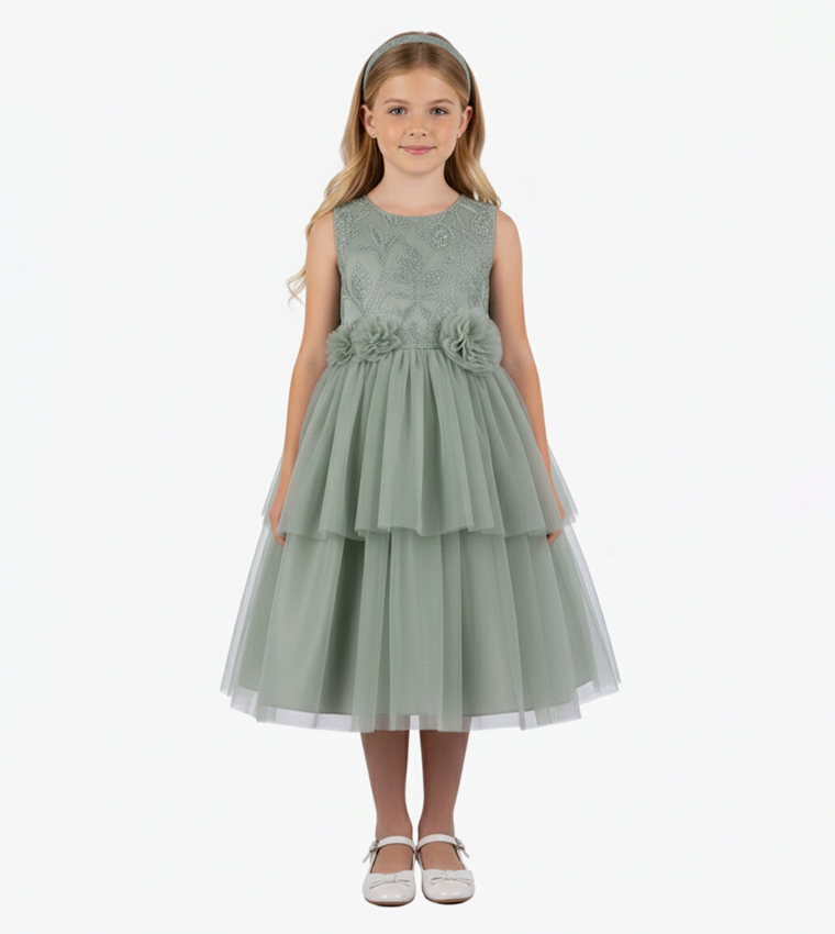 Embroidered Layered Dress with Headband