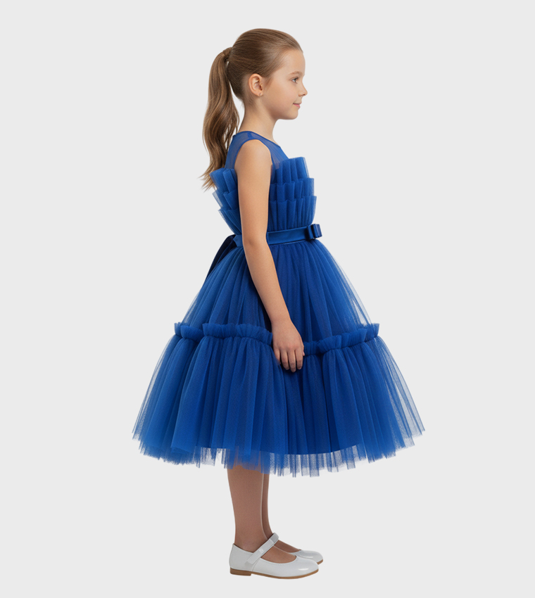 Girl's Bow Front Ruffle Hem Mesh Gown Dress