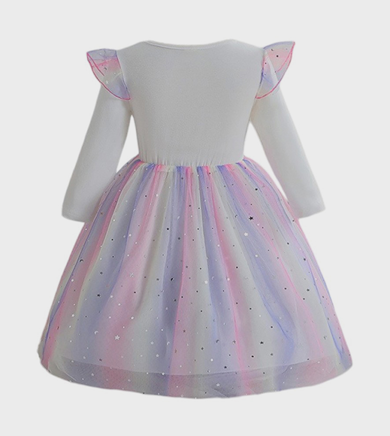 فستان يونيكورن لامع وأكمام طويلة وقصة ضيقة من الأعلى وواسعة من الأسفل