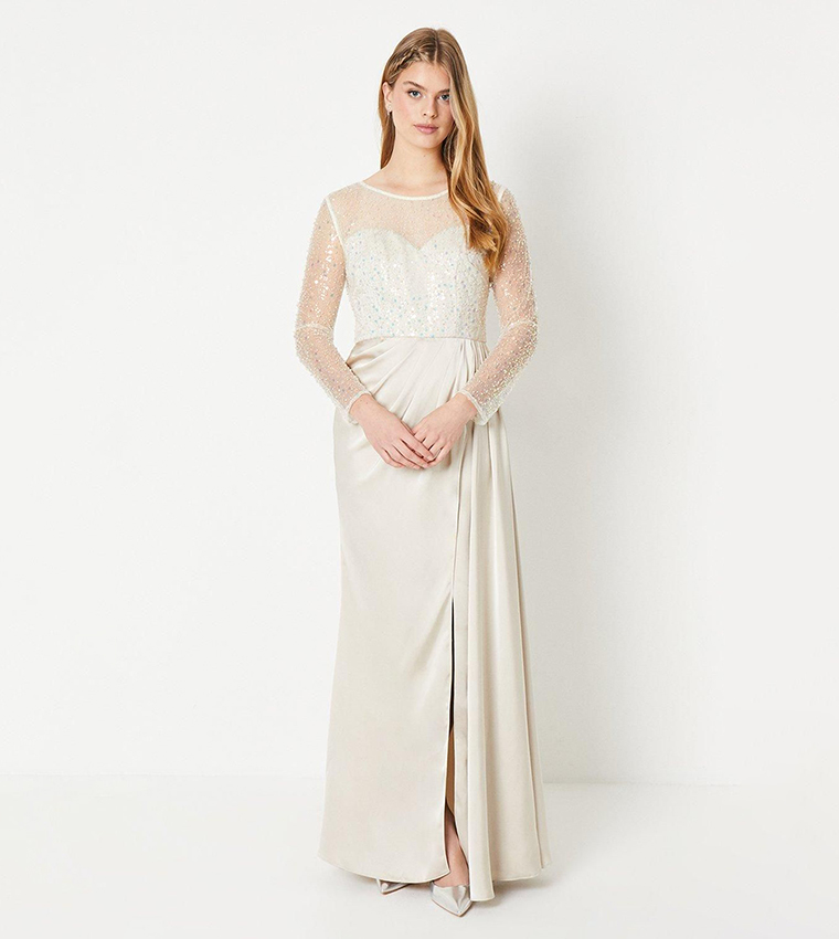 Debut London Long Sleeves Satin Skirt Prom Dress