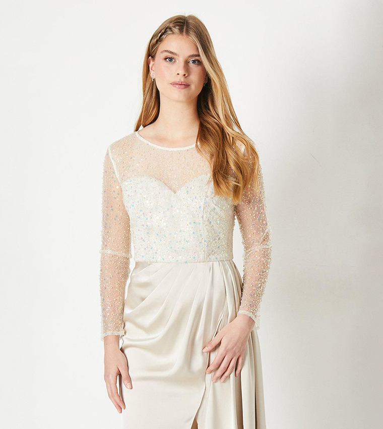 Debut London Long Sleeves Satin Skirt Prom Dress