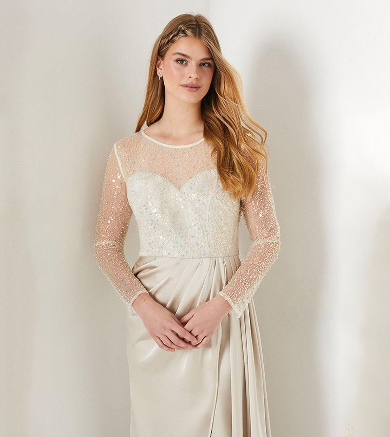 Debut London Long Sleeves Satin Skirt Prom Dress