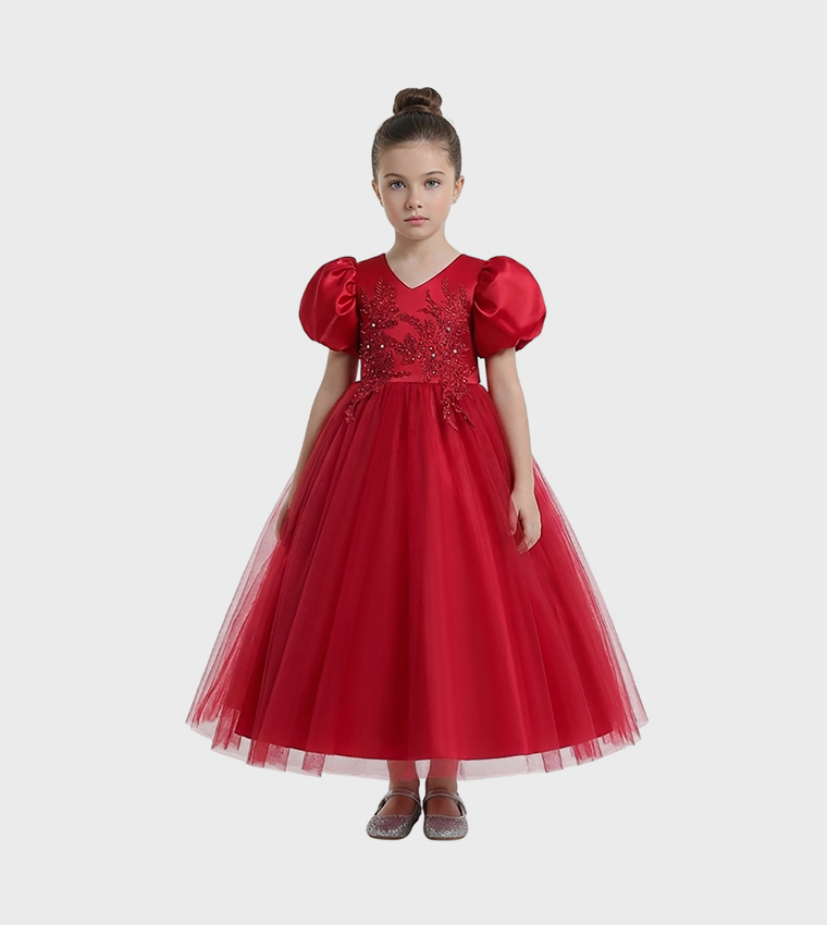 Puff Sleeve Long Tulle Pearl Dress