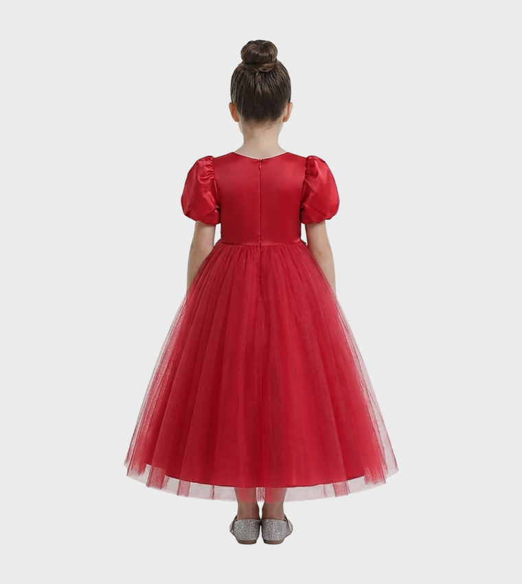 Puff Sleeve Long Tulle Pearl Dress