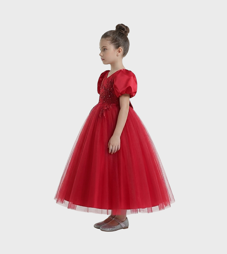 Puff Sleeve Long Tulle Pearl Dress